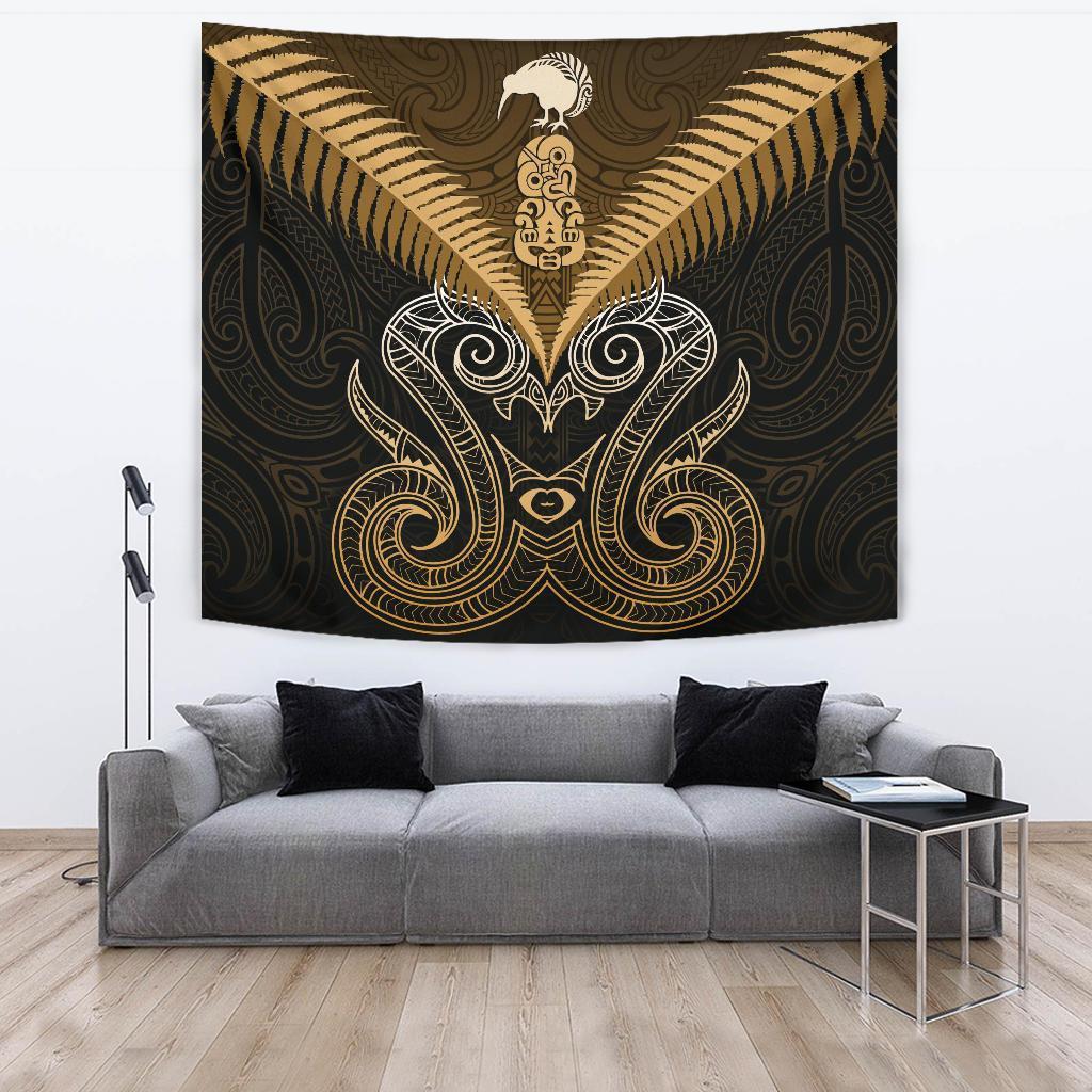 Maori Manaia New Zealand Tapestry Gold Wall Tapestry - Manaia Large 104" x 88" Gold - Polynesian Pride