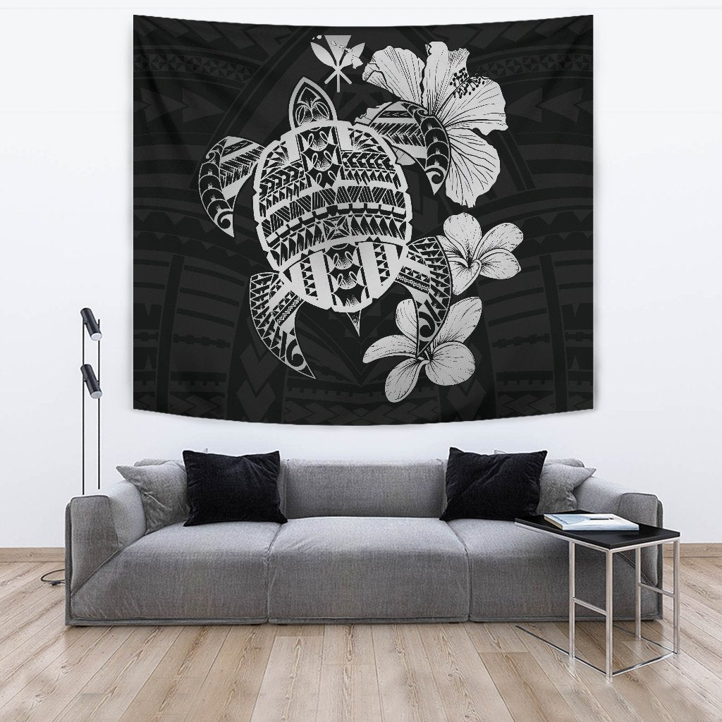 Hawaiian Kanaka Hibiscus Plumeria Mix Polynesian Turtle Tapestry Gray AH - Polynesian Pride