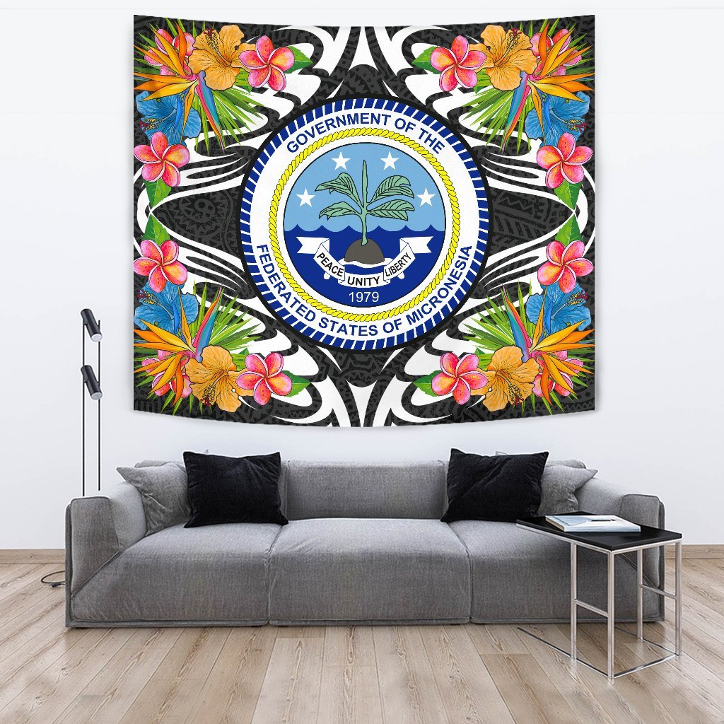 Federated States of Micronesia Tapestrys - Tropical Flowers Style Wall Tapestry - Federated States of Micronesia Large 104" x 88" Black - Polynesian Pride