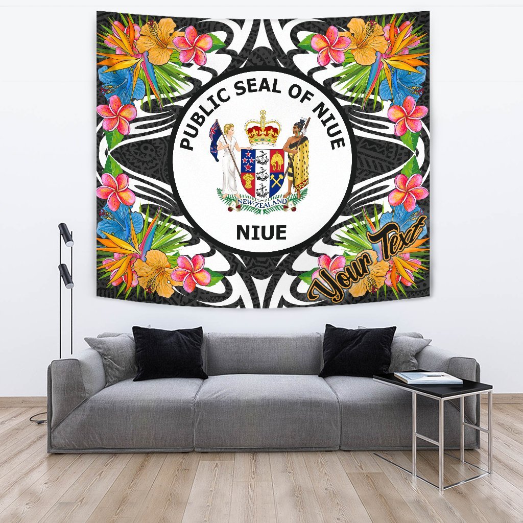 Niue Tapestrys - Custom Personalised Tropical Flowers Style Wall Tapestry - Niue Large 104" x 88" Black - Polynesian Pride