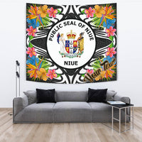Niue Tapestrys - Custom Personalised Tropical Flowers Style Wall Tapestry - Niue Large 104" x 88" Black - Polynesian Pride