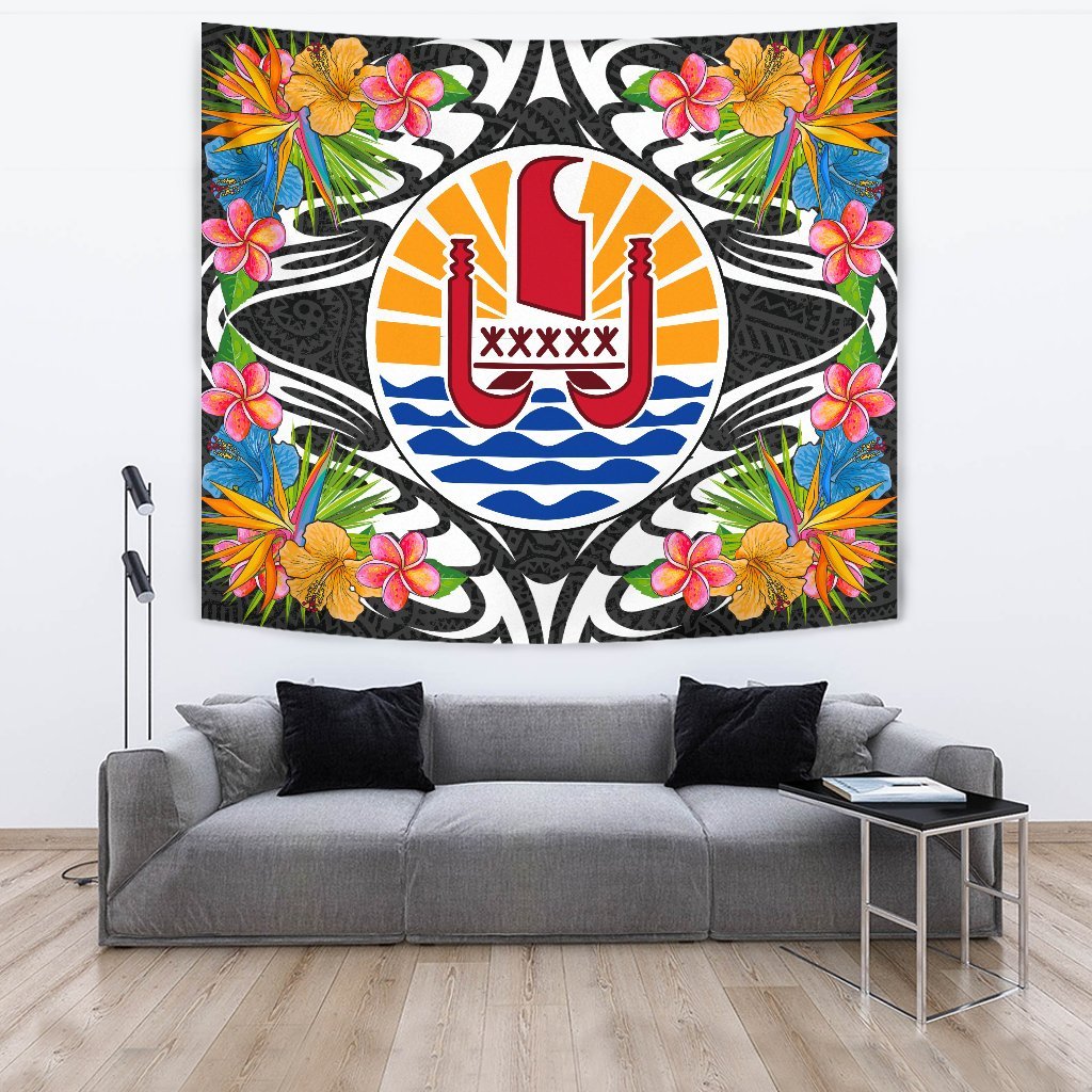 Tahiti Tapestrys - Tropical Flowers Style Wall Tapestry - Tahiti Large 104" x 88" Black - Polynesian Pride