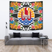 Tahiti Tapestrys - Tropical Flowers Style Wall Tapestry - Tahiti Large 104" x 88" Black - Polynesian Pride