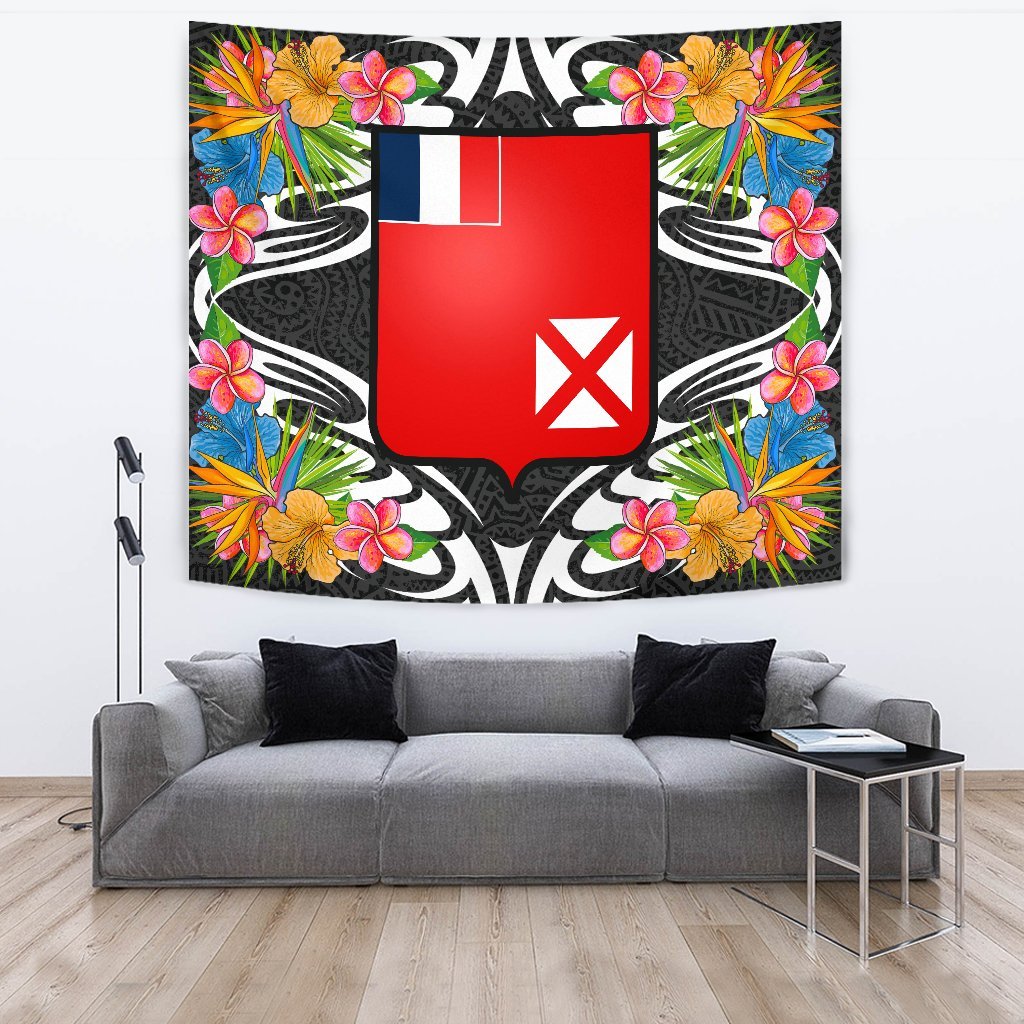 Wallis and Futuna Tapestrys - Tropical Flowers Style Wall Tapestry - Wallis and Futuna Large 104" x 88" Black - Polynesian Pride
