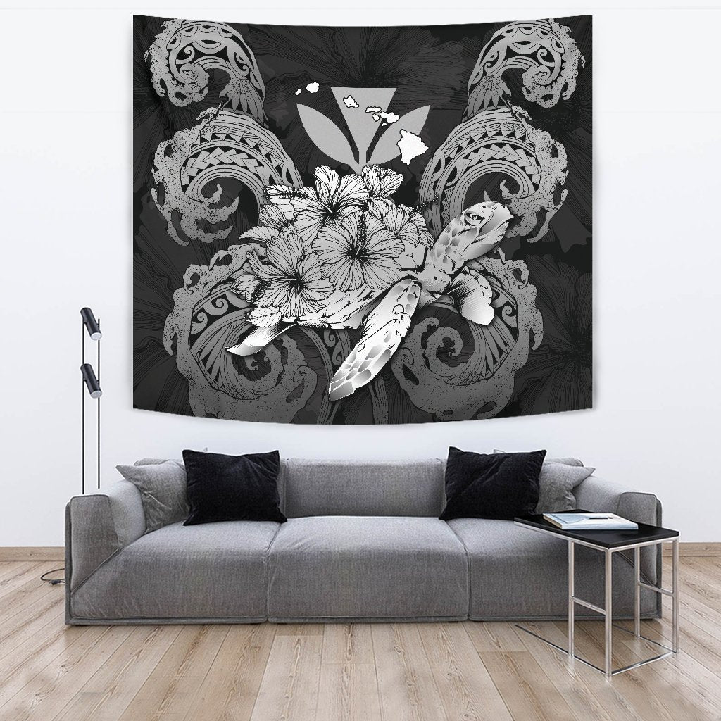 Hawaii Turtle Wave Polynesian Tapestry - Hey Style Gray Wall Tapestry Gray - Polynesian Pride