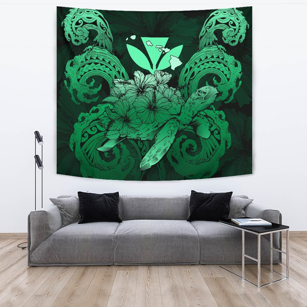 Hawaii Turtle Wave Polynesian Tapestry - Hey Style Green Wall Tapestry Large 104" x 88" Green - Polynesian Pride