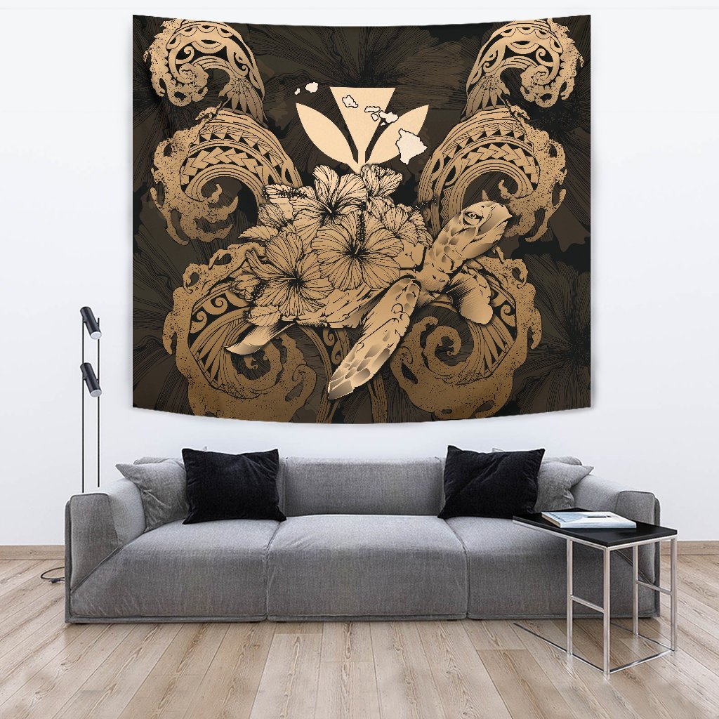 Hawaii Turtle Wave Polynesian Tapestry - Hey Style Gold Wall Tapestry Gold - Polynesian Pride
