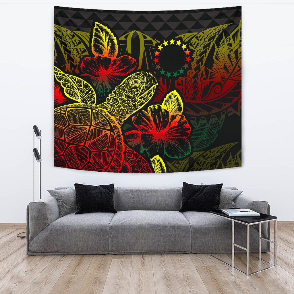 Cook Islands Tapestry - Turtle Hibiscus Pattern Reggae Wall Tapestry Large 104" x 88" Reggae - Polynesian Pride
