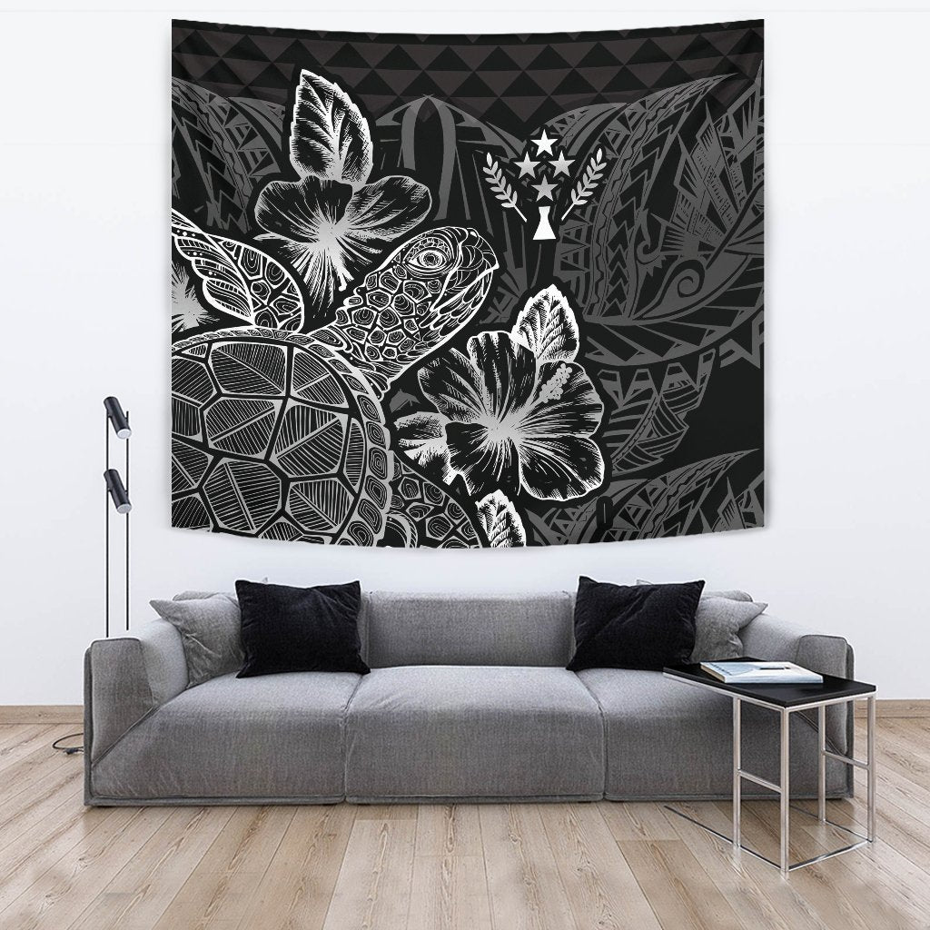 Kosrae Tapestry - Turtle Hibiscus Pattern Black Wall Tapestry Large 104" x 88" Black - Polynesian Pride