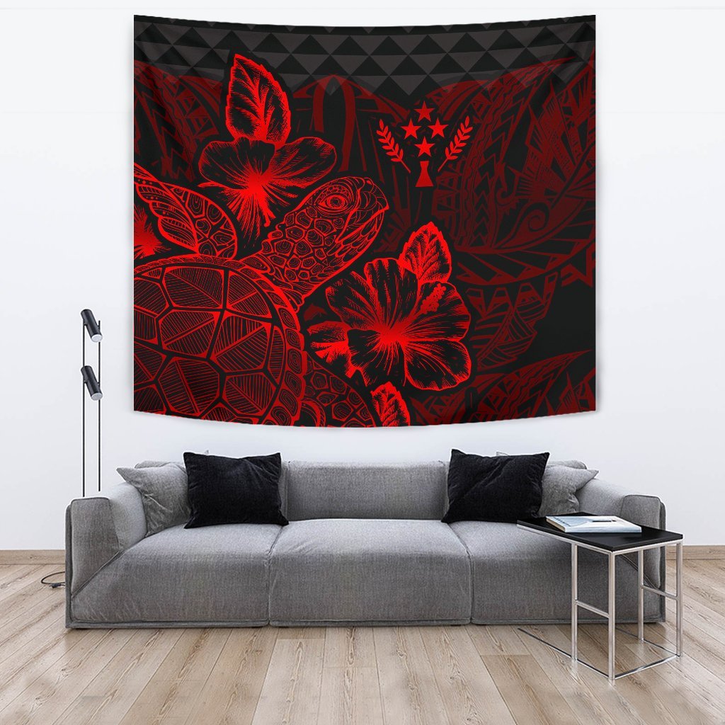 Kosrae Tapestry - Turtle Hibiscus Pattern Red Wall Tapestry Large 104" x 88" Red - Polynesian Pride