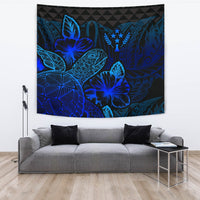 Kosrae Tapestry - Turtle Hibiscus Pattern Blue Wall Tapestry Large 104" x 88" Blue - Polynesian Pride