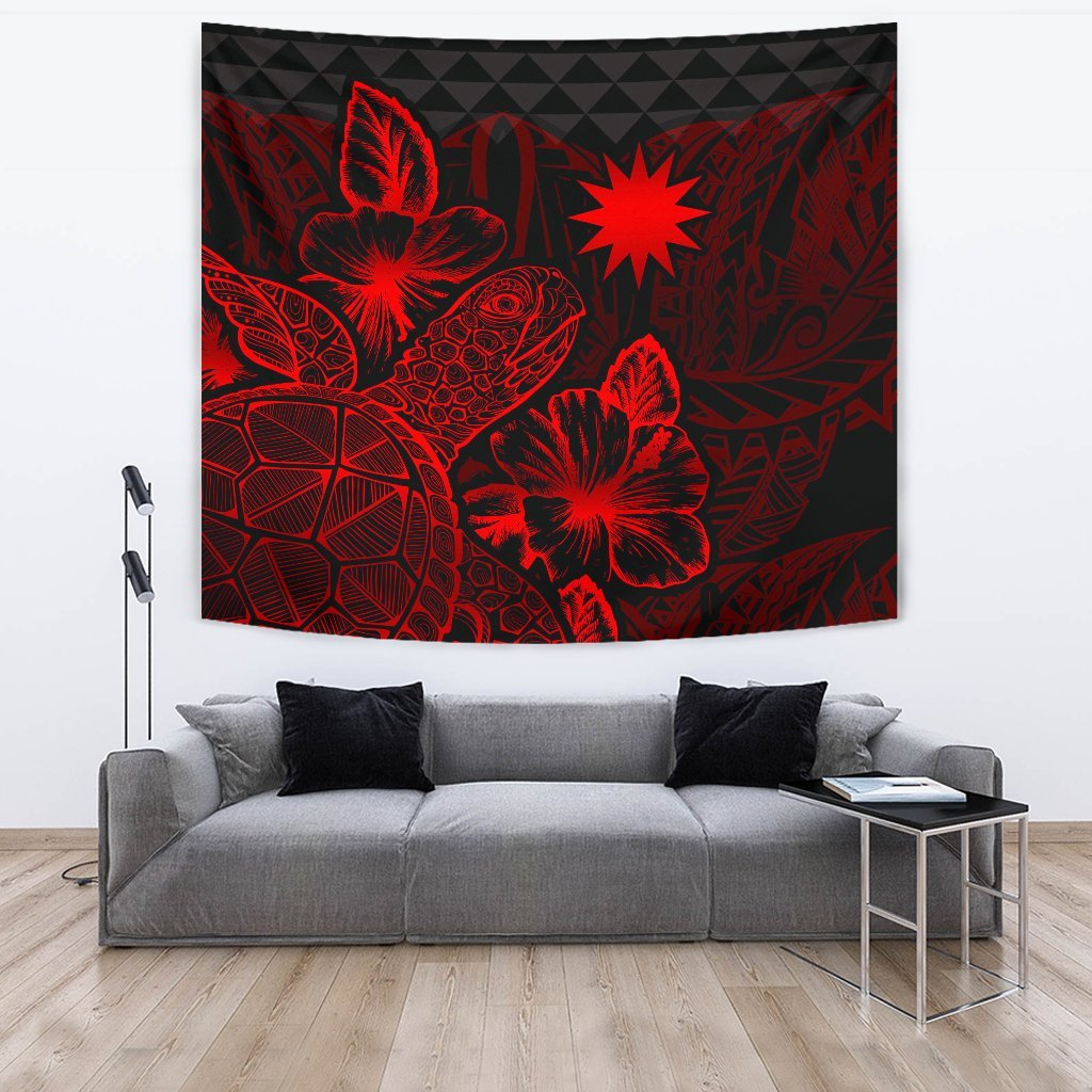 Nauru Tapestry - Turtle Hibiscus Pattern Red Wall Tapestry Large 104" x 88" Red - Polynesian Pride