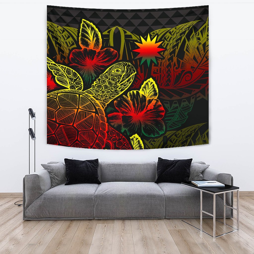 Nauru Tapestry - Turtle Hibiscus Pattern Reggae Wall Tapestry Large 104" x 88" Reggae - Polynesian Pride