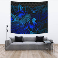 Niue Tapestry - Turtle Hibiscus Pattern Blue Wall Tapestry Large 104" x 88" Blue - Polynesian Pride