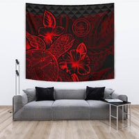 Palau Tapestry - Turtle Hibiscus Pattern Red Wall Tapestry Large 104" x 88" Red - Polynesian Pride