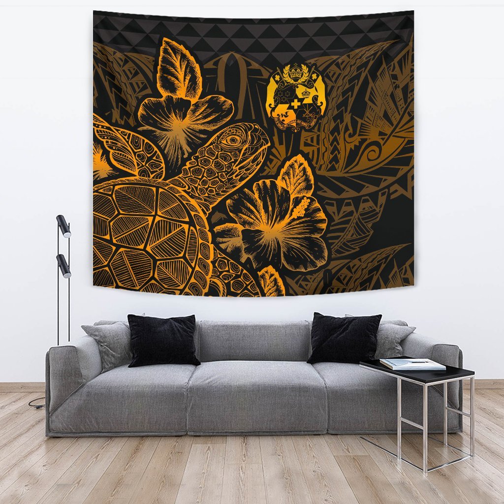Tonga Tapestry - Turtle Hibiscus Pattern Gold Wall Tapestry Large 104" x 88" Gold - Polynesian Pride