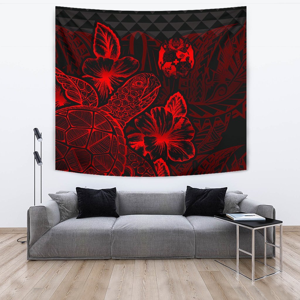 Tonga Tapestry - Turtle Hibiscus Pattern Red Wall Tapestry Large 104" x 88" Red - Polynesian Pride