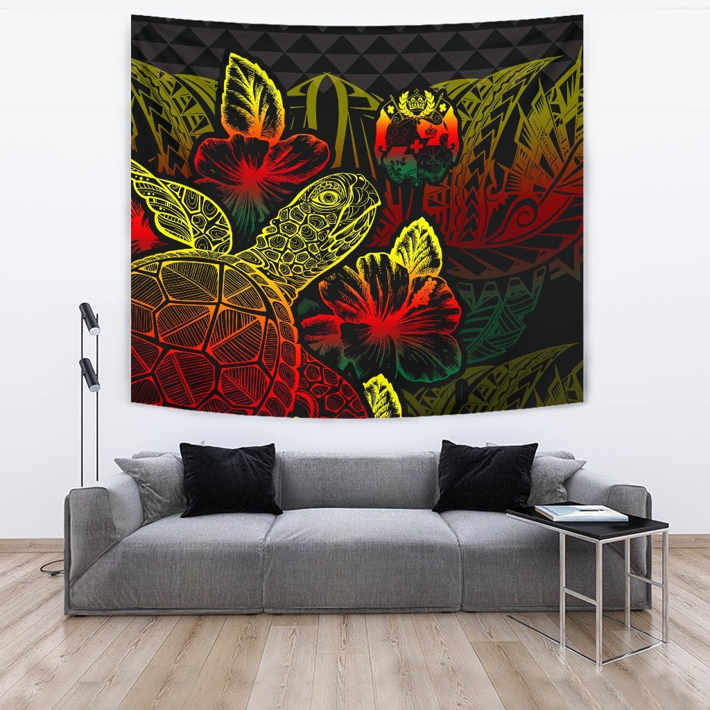 Tonga Tapestry - Turtle Hibiscus Pattern Reggae Wall Tapestry Large 104" x 88" Reggae - Polynesian Pride
