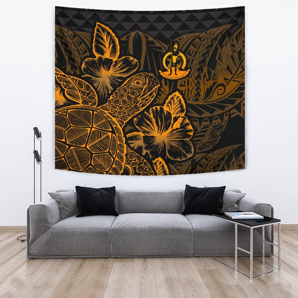 Vanuatu Tapestry - Turtle Hibiscus Pattern Gold Wall Tapestry Large 104" x 88" Gold - Polynesian Pride