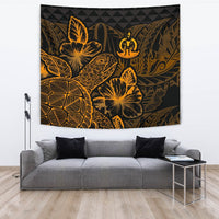 Vanuatu Tapestry - Turtle Hibiscus Pattern Gold Wall Tapestry Large 104" x 88" Gold - Polynesian Pride