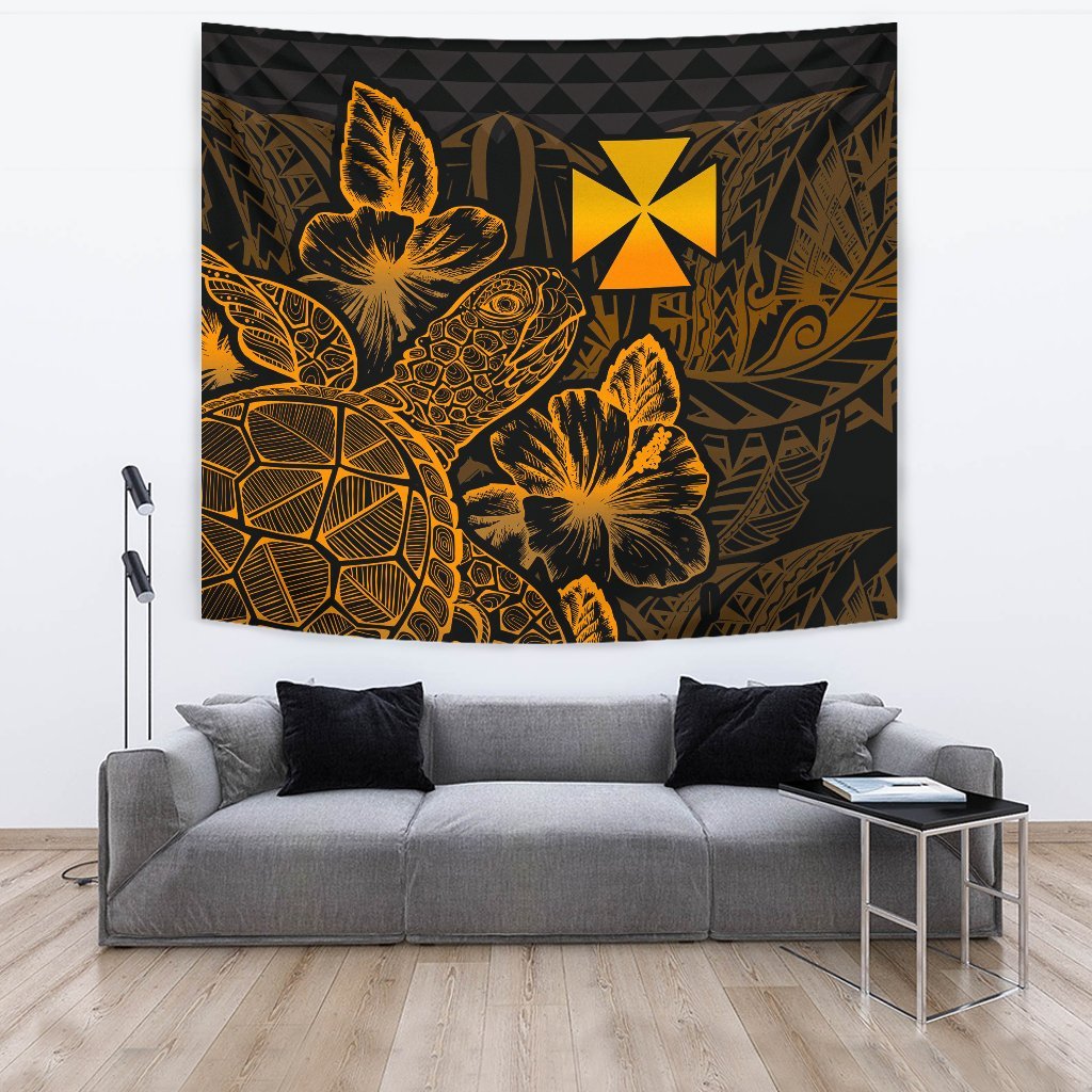 Wallis And Futuna Tapestry - Turtle Hibiscus Pattern Gold Wall Tapestry Large 104" x 88" Gold - Polynesian Pride