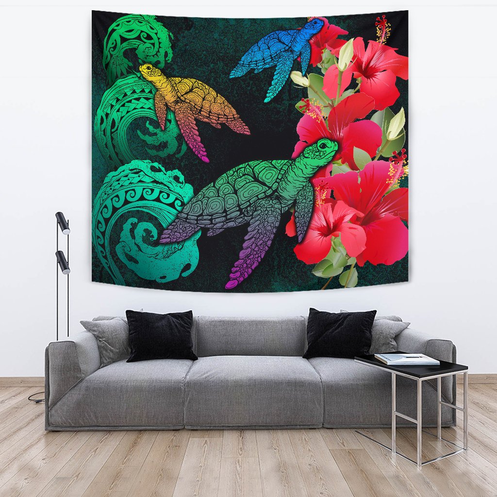Hawaii Turtle Wave Hibiscus Tapestry - Unia Style Wall Tapestry 150cm*150cm Black - Polynesian Pride