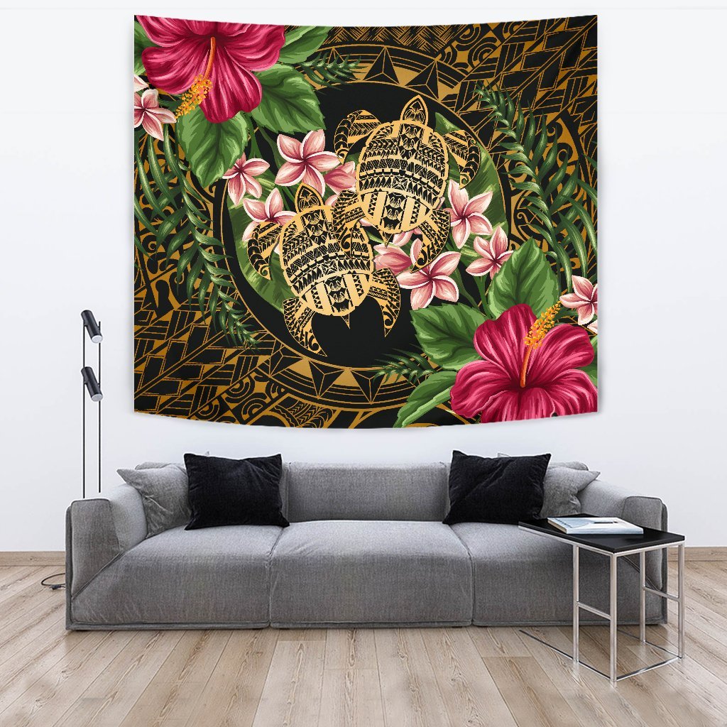 hawaiiTapestry - Turtle Strong Pattern Hibiscus Plumeria Art AH Wall Tapestry 150cm*150cm Black - Polynesian Pride