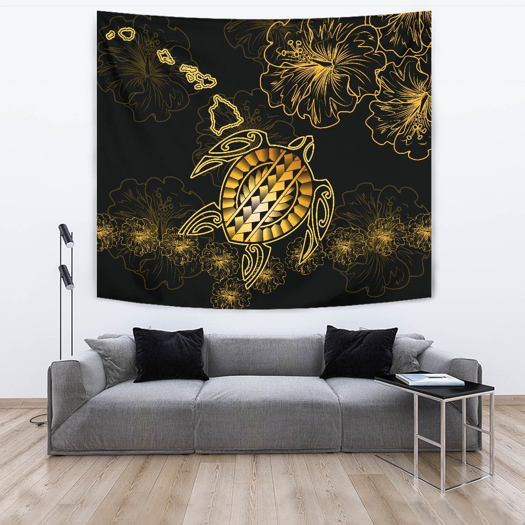Hawaiian Turtle Hibiscus - Tapestry - Flora Style Wall Tapestry Large 104" x 88" Black - Polynesian Pride
