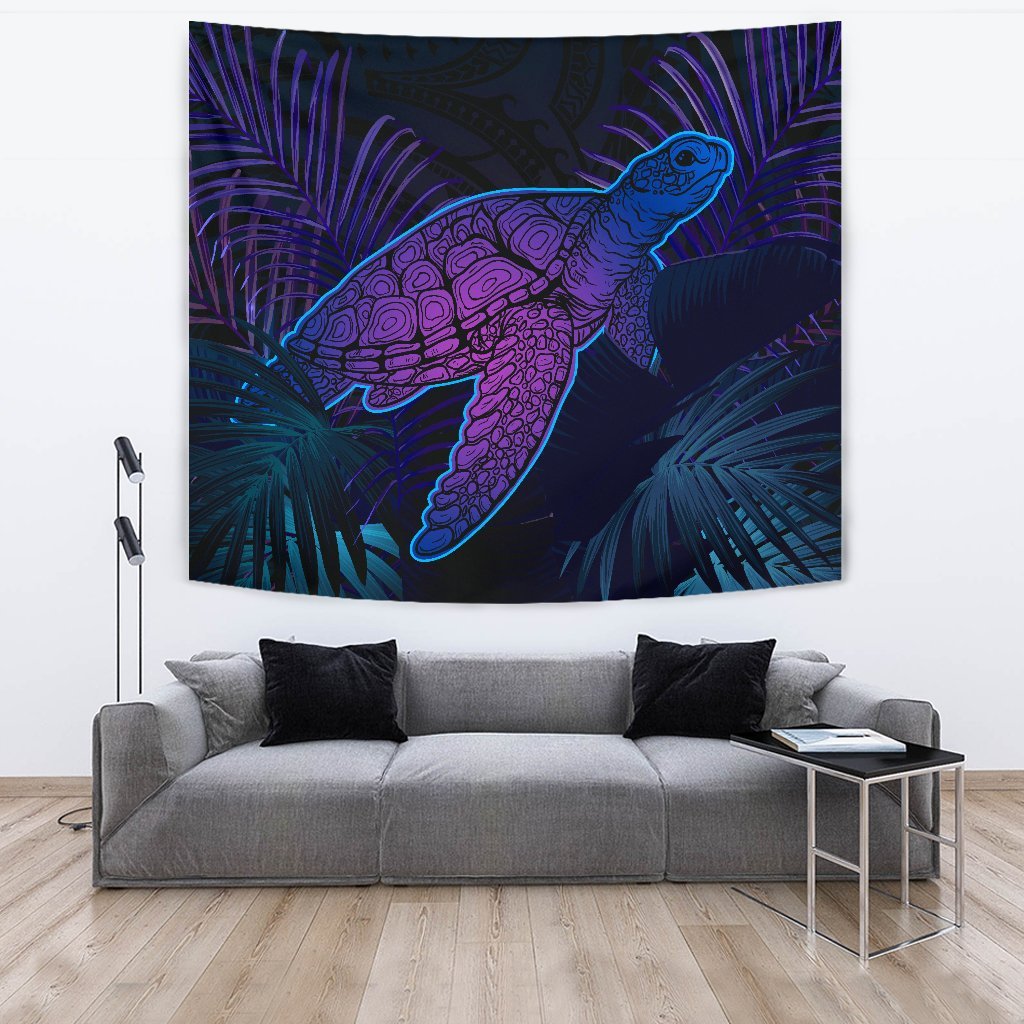 hawaiiTapestry - Hawaii Turtle And Palm Polynesian Retrospective Wall Tapestry Large 104" x 88" Black - Polynesian Pride