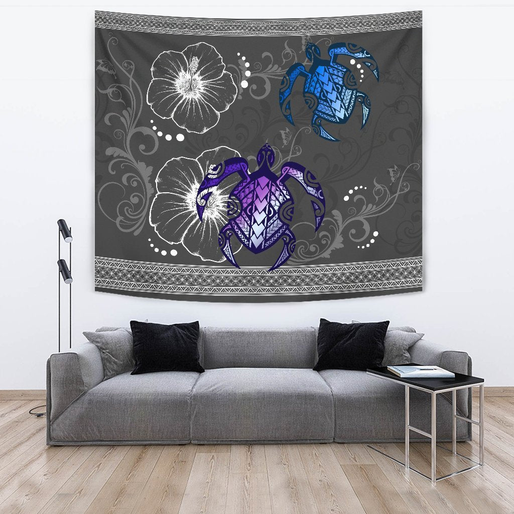 Hawaii Turtle Hibiscus Polynesian Tapestry - Miki Style Wall Tapestry 150cm*150cm Gray - Polynesian Pride