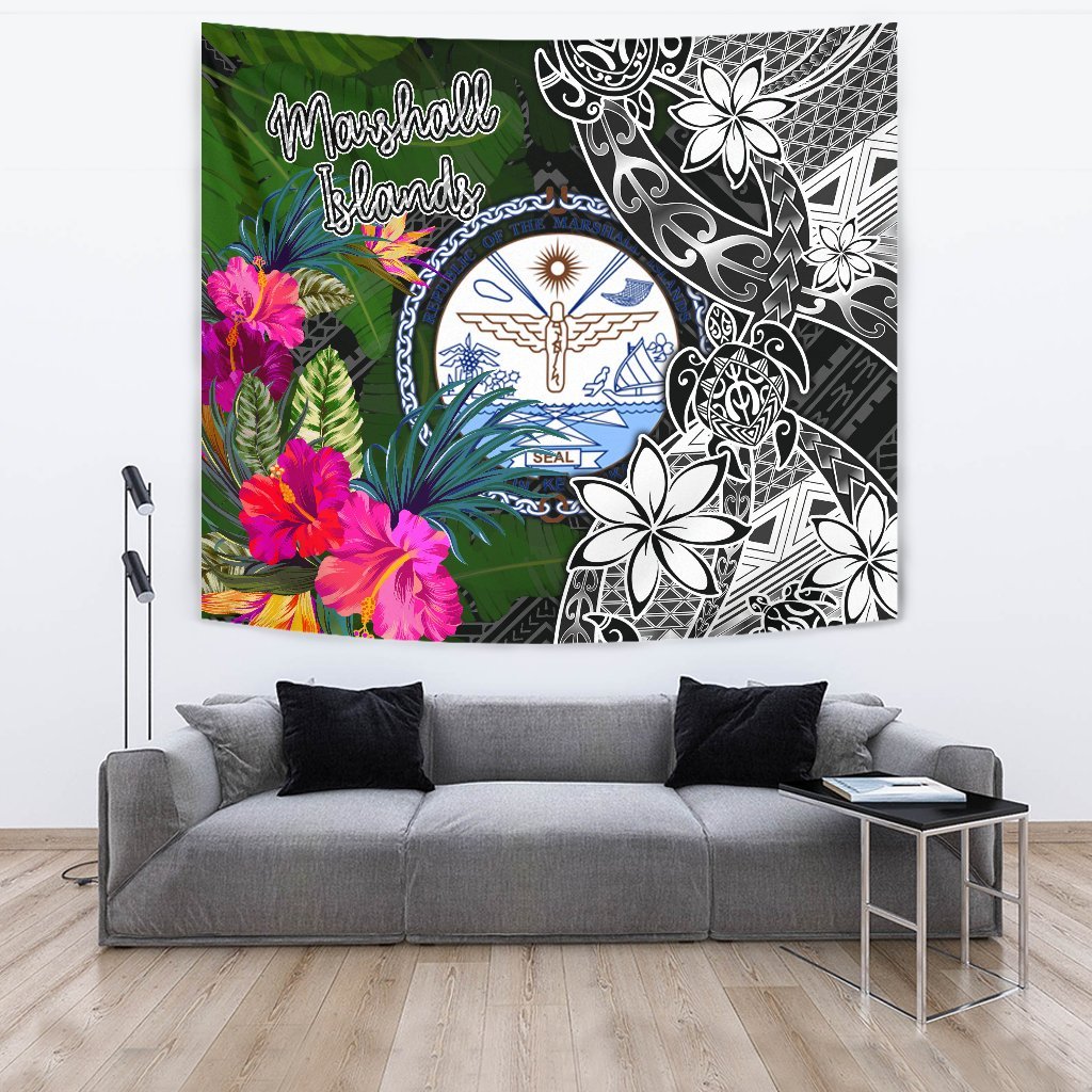 Marshall Islands Tapestry - Turtle Plumeria Banana Leaf Crest - Polynesian Pride