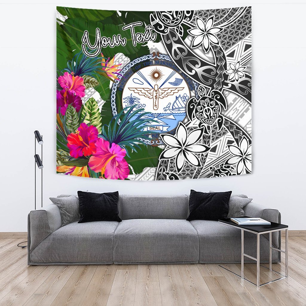 Marshall Islands Custom Personalised Tapestry White - Turtle Plumeria Banana Leaf Crest - Polynesian Pride