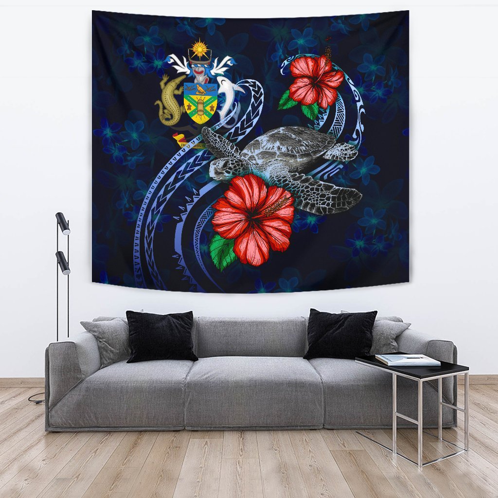 Solomon Islands Polynesian Tapestry - Blue Turtle Hibiscus One Style Large 104" x 88" Blue - Polynesian Pride