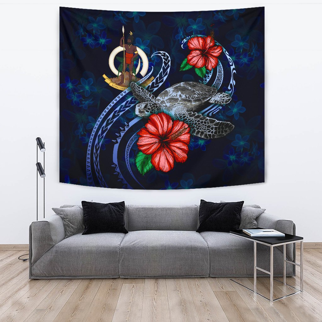 Vanuatu Polynesian Tapestry - Blue Turtle Hibiscus One Style Large 104" x 88" Blue - Polynesian Pride