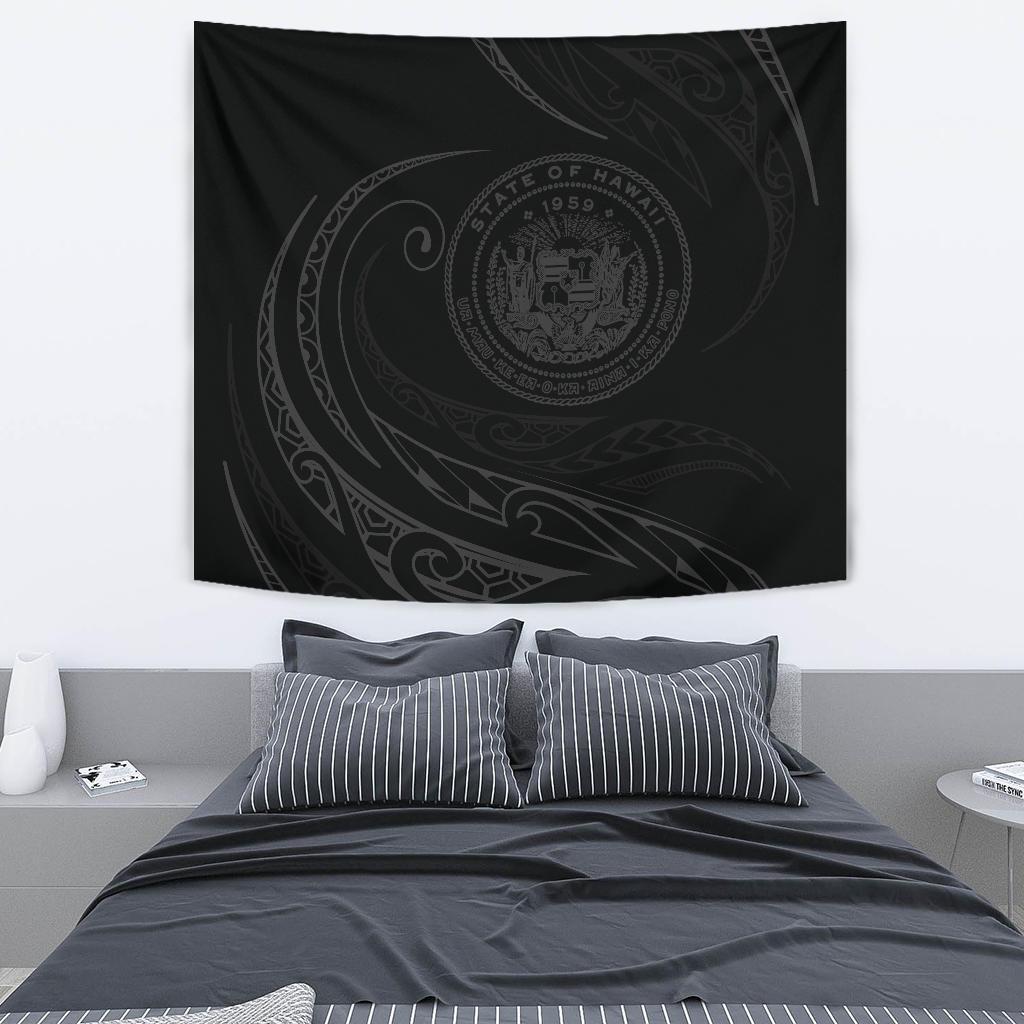Hawaii Coat Of Arms Tapestry - Gray - Frida Style Wall Tapestry Black - Polynesian Pride