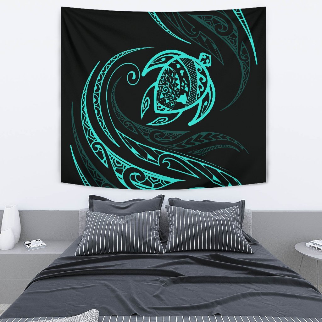 Hawaii Turtle Tapestry - Turquoise - Frida Style Wall Tapestry 130cm*150cm Black - Polynesian Pride