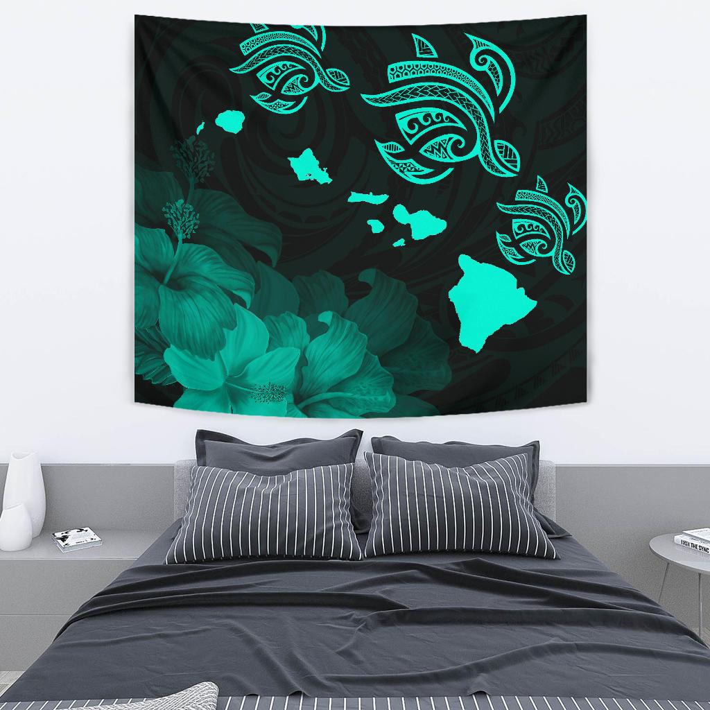 Hawaii Hibiscus Map Polynesian Ancient Turquoise Tribal Tapestry - Polynesian Pride