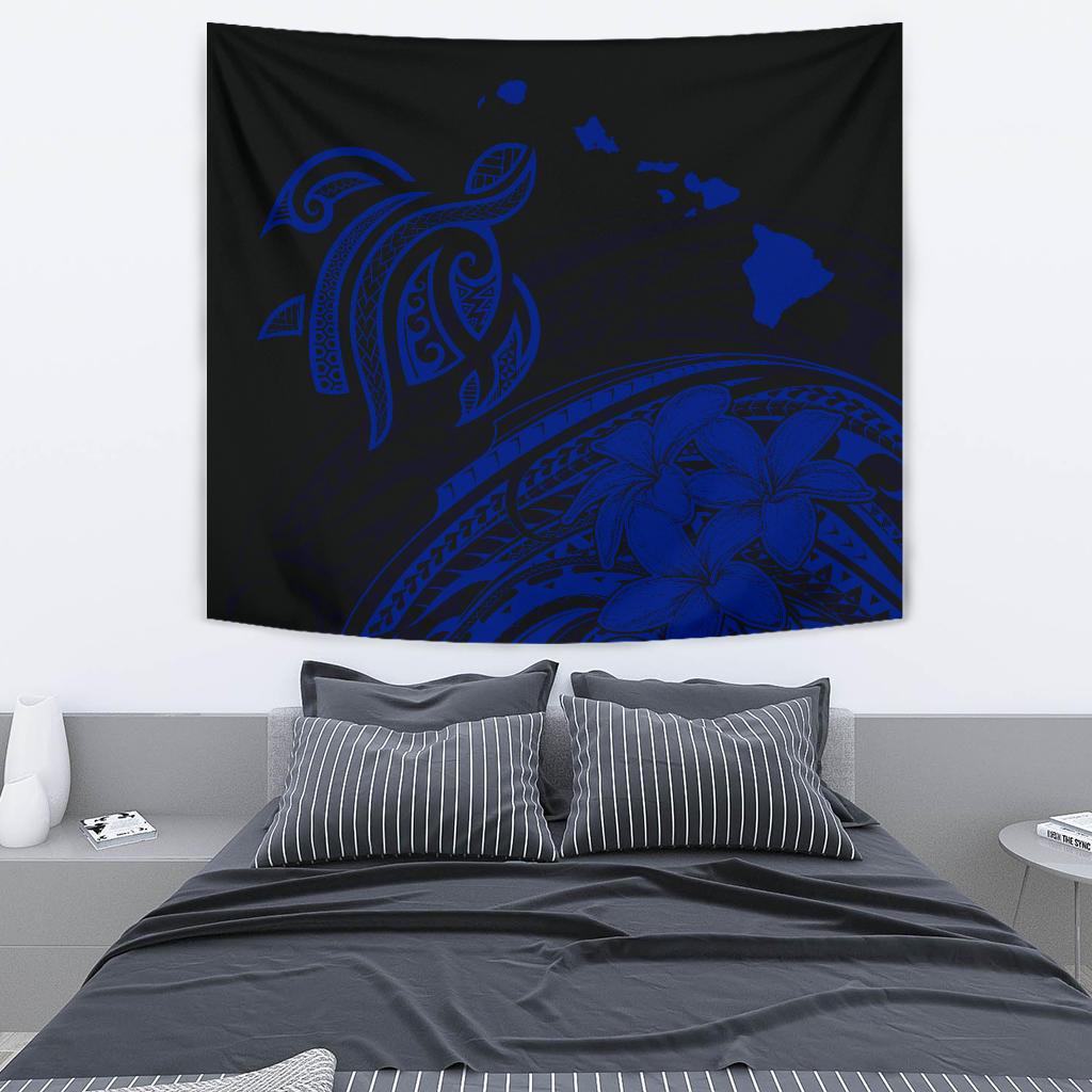 Hawaii Map Plumeria Polynesian Blue Tribal Tapestry - Polynesian Pride