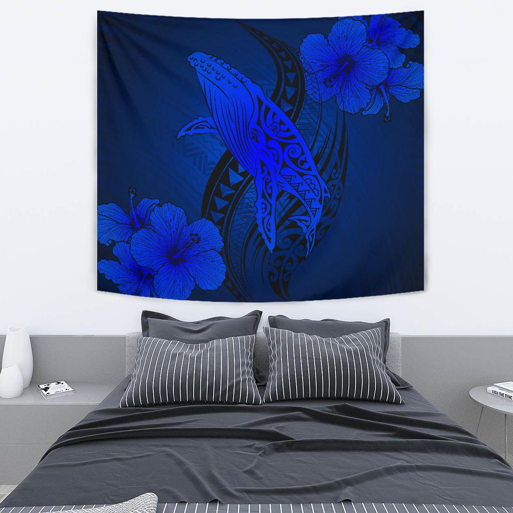 Hawaii Whale Swim Poly Blue Tapestry Wall Tapestry Medium 80" x 68" Blue - Polynesian Pride