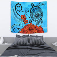 Hawaiian Map Kanaka Sea Turtle Seal Of Hawaii Hibiscus Plumeria Polynesian Tapestry Wall Tapestry Blue - Polynesian Pride