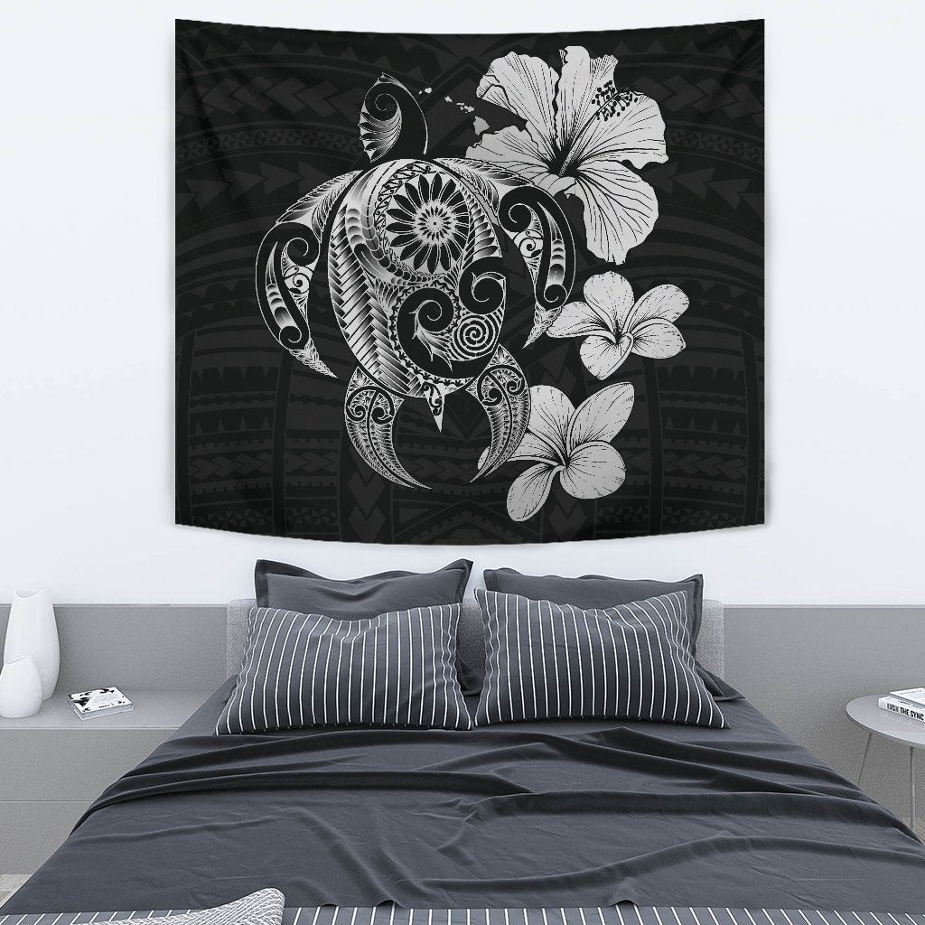 Hibiscus Plumeria Mix Polynesian Gray Turtle Tapestry Wall Tapestry Medium 80" x 68" Gray - Polynesian Pride
