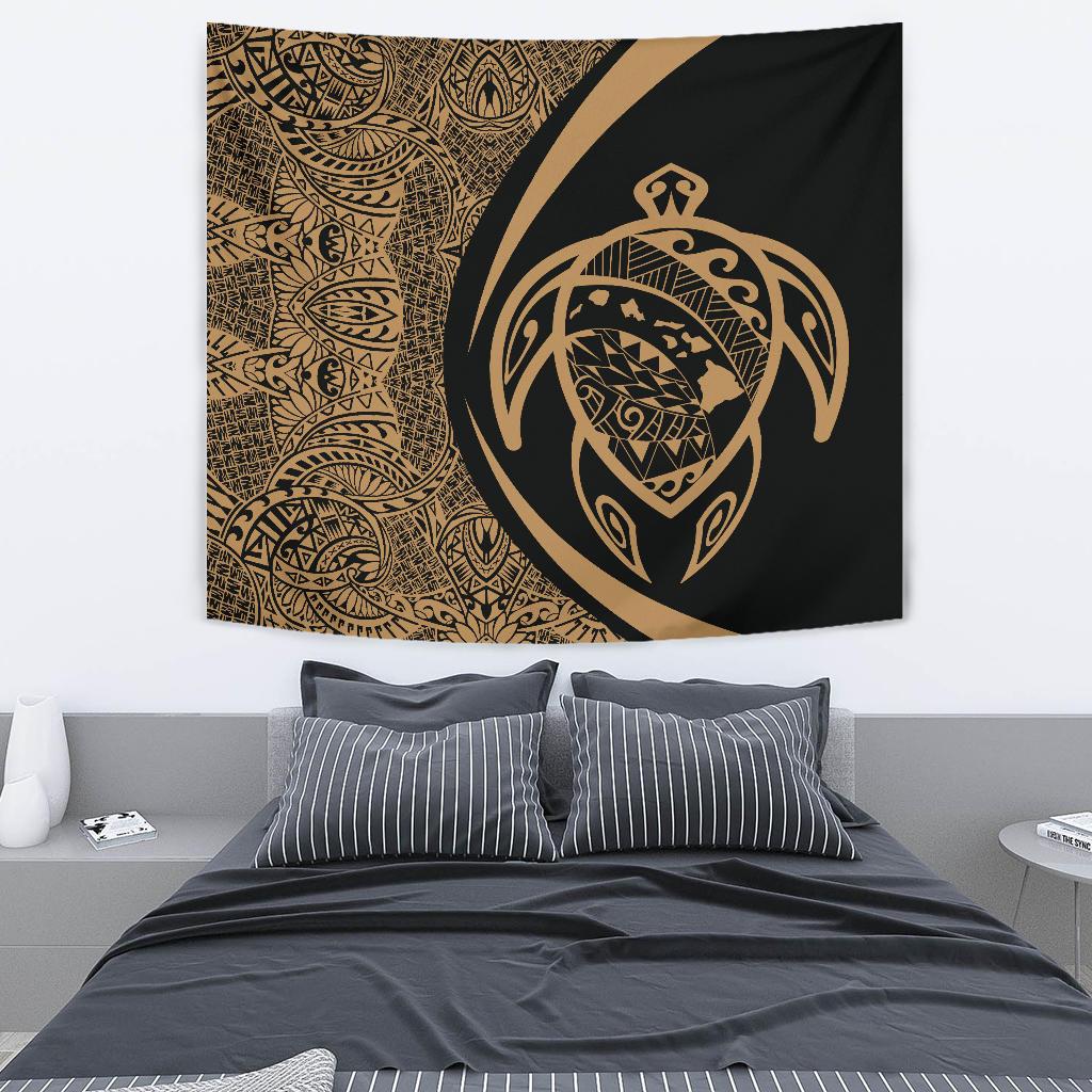 Hawaii Turtle Map Polynesian Tapestry - Gold - Circle Style Wall Tapestry Gold - Polynesian Pride