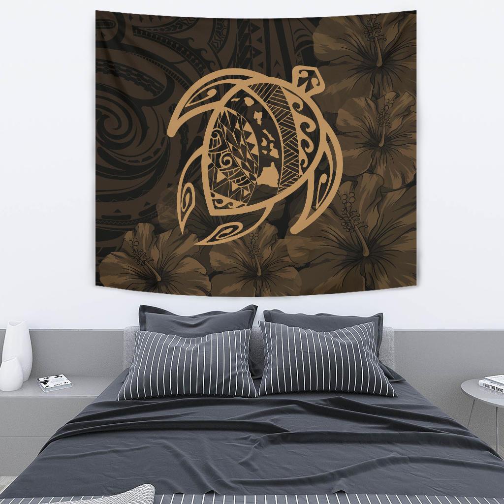 Hawaii Turtle Kanaka Map Hibiscus Poly Tapestry - Gold Wall Tapestry Medium 80" x 68" Gold - Polynesian Pride