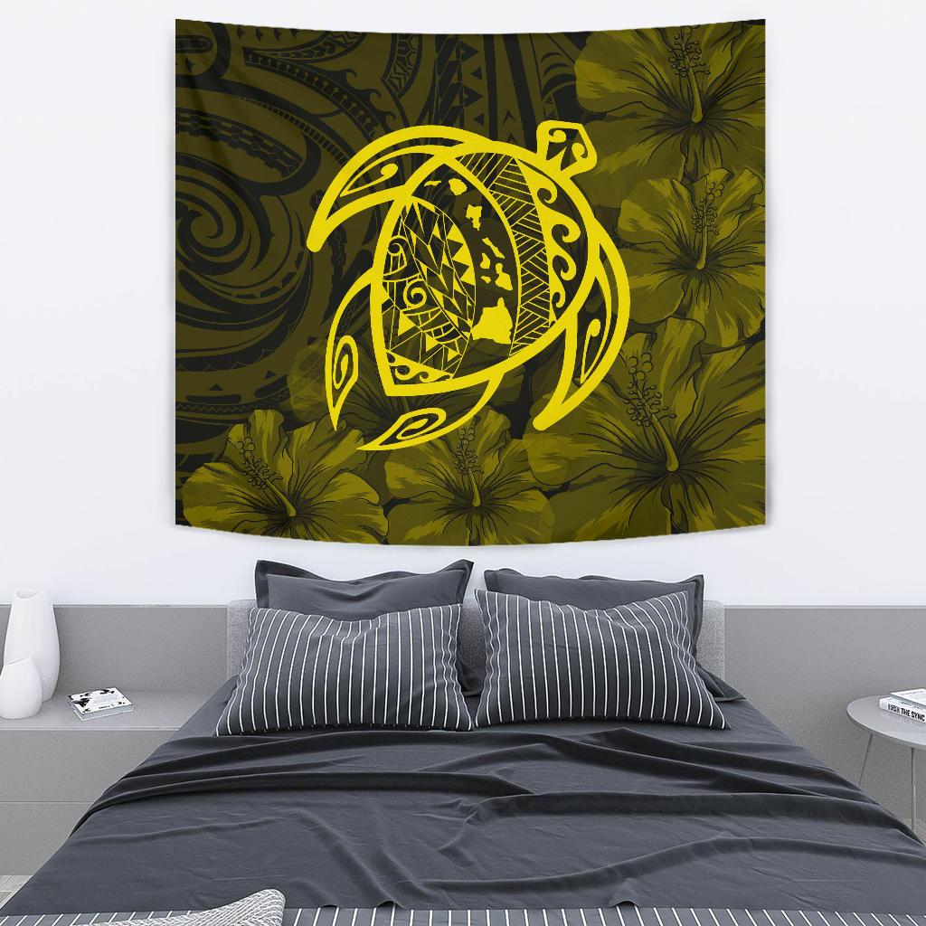 Hawaii Turtle Kanaka Map Hibiscus Poly Tapestry - Yellow Wall Tapestry Medium 80" x 68" Yellow - Polynesian Pride