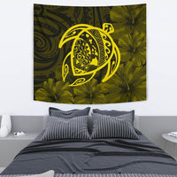 Hawaii Turtle Kanaka Map Hibiscus Poly Tapestry - Yellow Wall Tapestry Medium 80" x 68" Yellow - Polynesian Pride