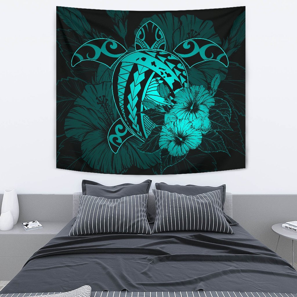 Hawaii Hibiscus Tapestry - Harold Turtle - Turquoise Wall Tapestry Blue - Polynesian Pride