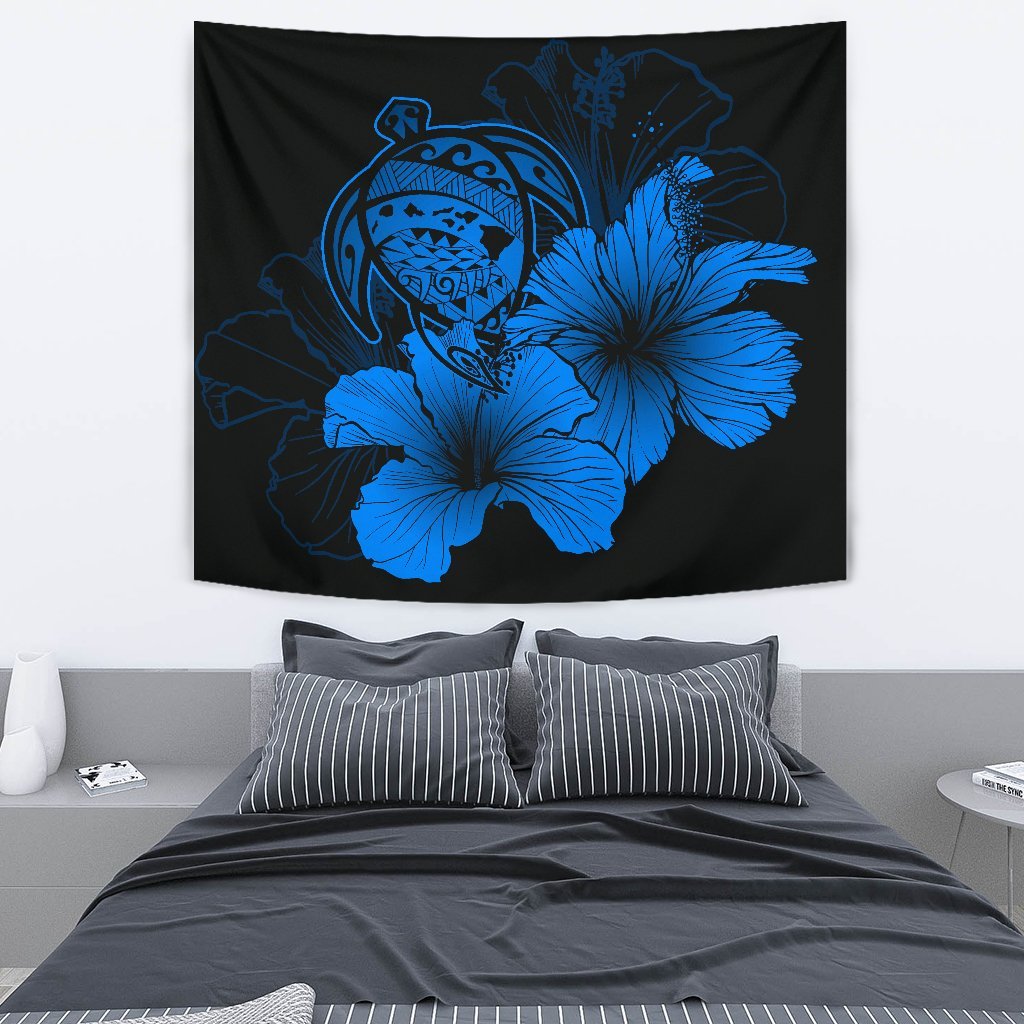 Hawaii Hibiscus Tapestry - Turtle Map - Traffic Blue Wall Tapestry Medium 80" x 68" Blue - Polynesian Pride
