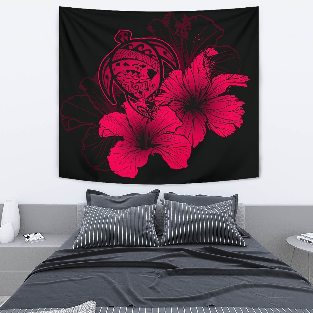 Hawaii Hibiscus Tapestry - Turtle Map - Red Wall Tapestry Red - Polynesian Pride