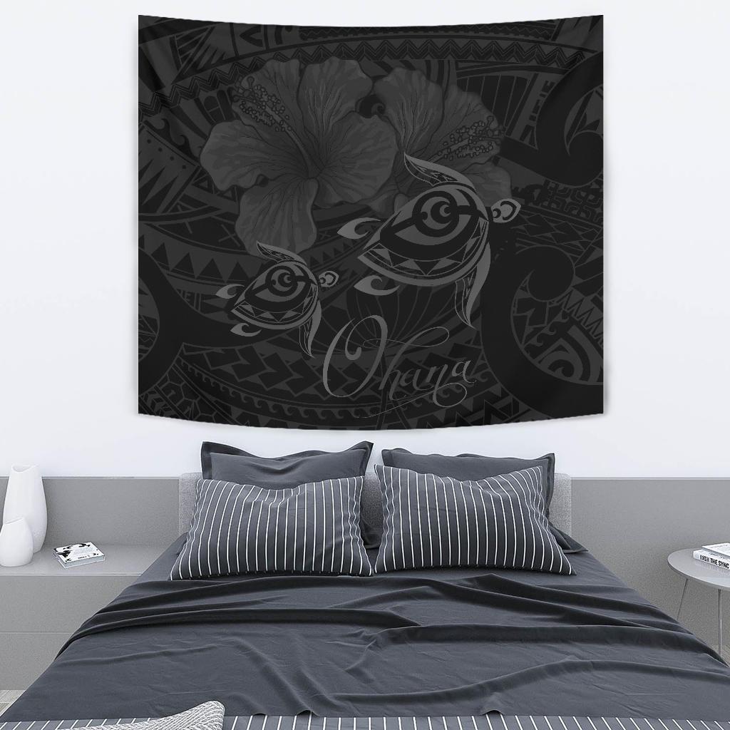 Hawaii Turtle Ohana Hibiscus Poly Tapestry - Gray Wall Tapestry Medium 80" x 68" Gray - Polynesian Pride