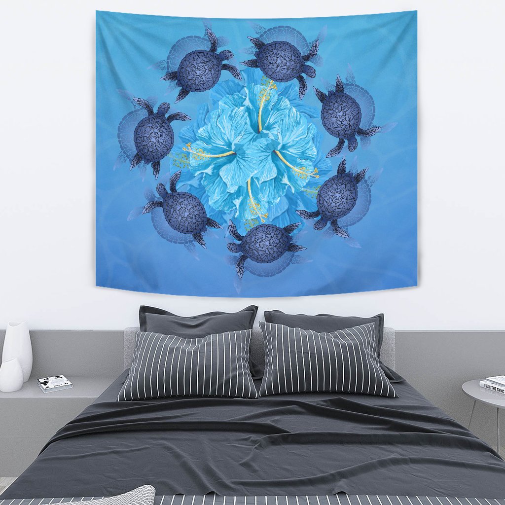 Hawaii Turtle Hibiscus Blue Tapestry Wall Tapestry Medium 80" x 68" Blue - Polynesian Pride